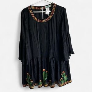 NWT Rockin' C Black embroidered tiered cactus tunic shirt/dress bell sleeves